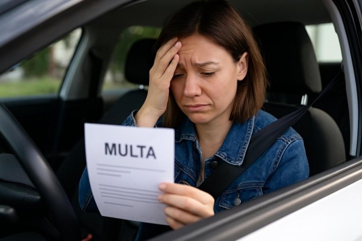 Motorista dentro do carro, preocupada, segurando uma notificação de multa